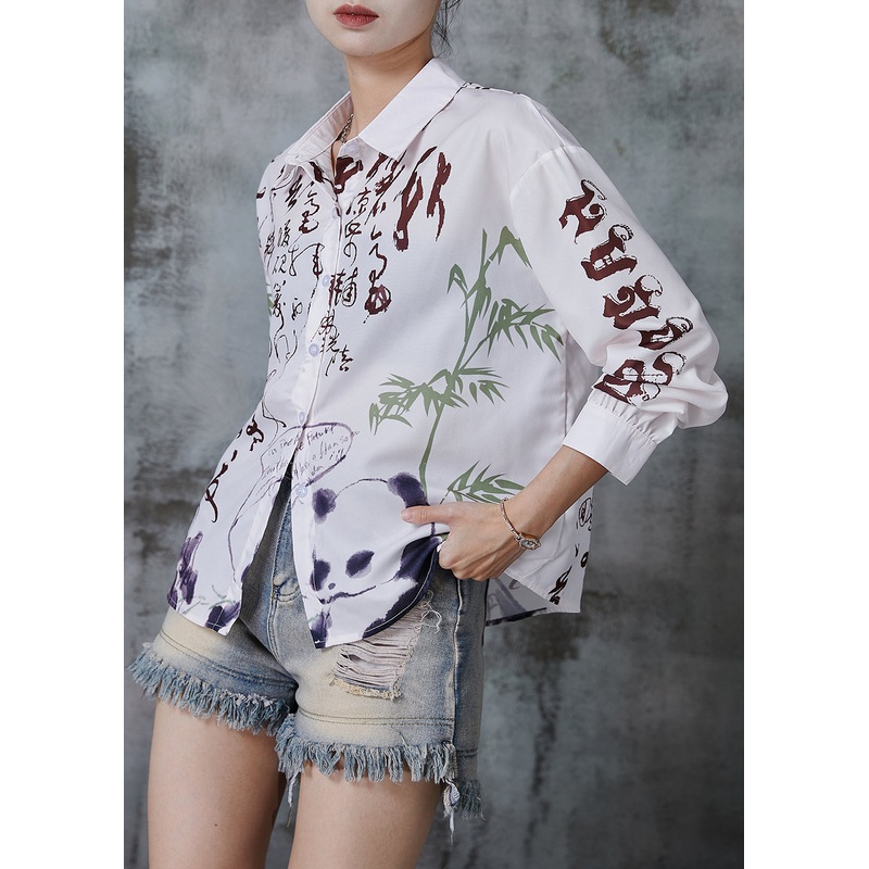 Art White Peter Pan Collar Print Chiffon Shirt Top Spring