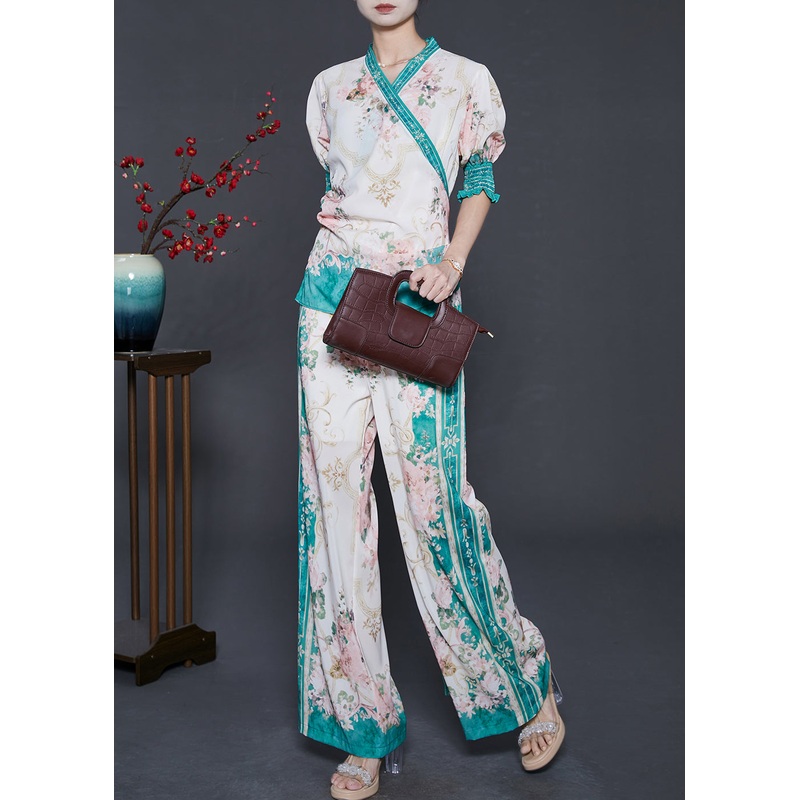 Beautiful Apricot Print Lace Up Chiffon Two Pieces Set Puff Sleeve