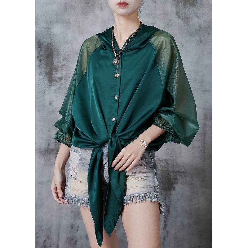 Beautiful Peacock Green Hooded Patchwork Silk Blouse Tops Spring