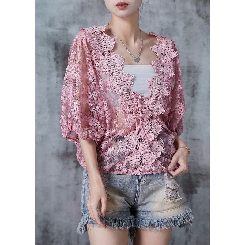 Beautiful Pink Hollow Out Lace Blouse Top Summer