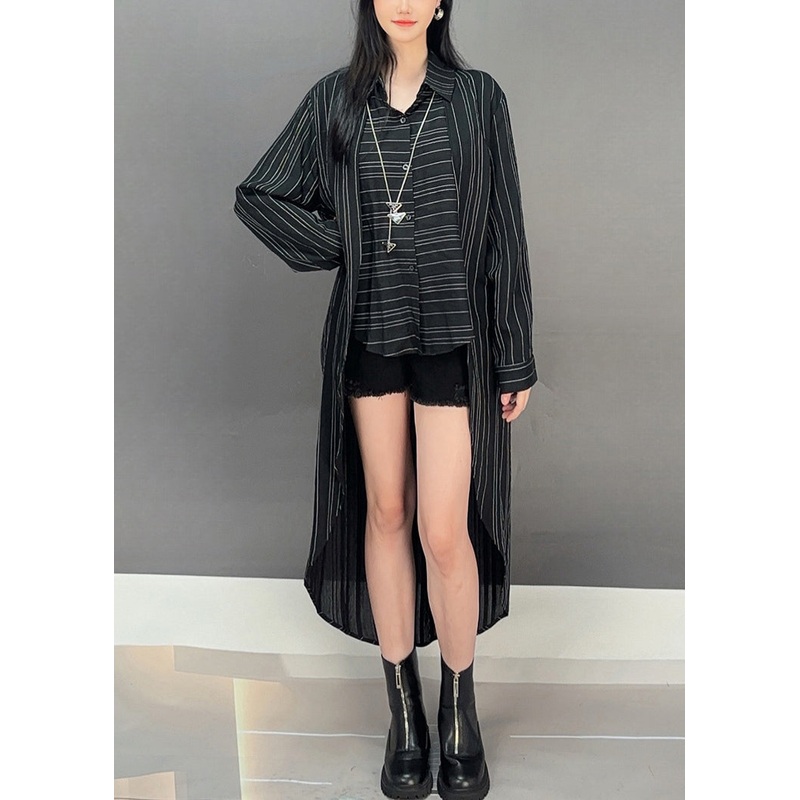 Black Low High Design Cotton Blouses Peter Pan Collar Spring