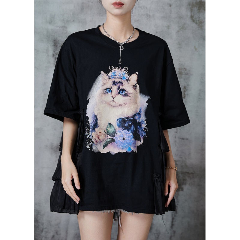Black Patchwork Cotton Tank Oversized Cat Print Summer