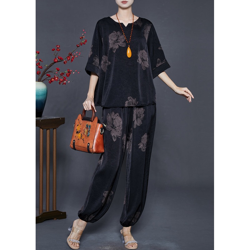 Black Peony Print Silk Two Pieces Set Oversized Half Sleeve