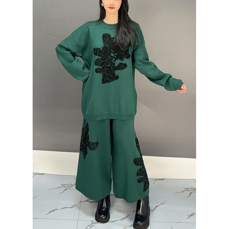 Blackish Green Sweatshirt And Wide Leg Pants Cotton Two Piece Set Embroidered Spring