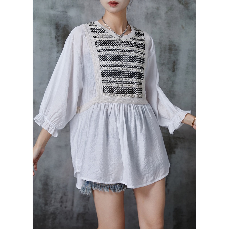 Bohemian White Oversized Patchwork Cotton Tops Bracelet Sleeve
