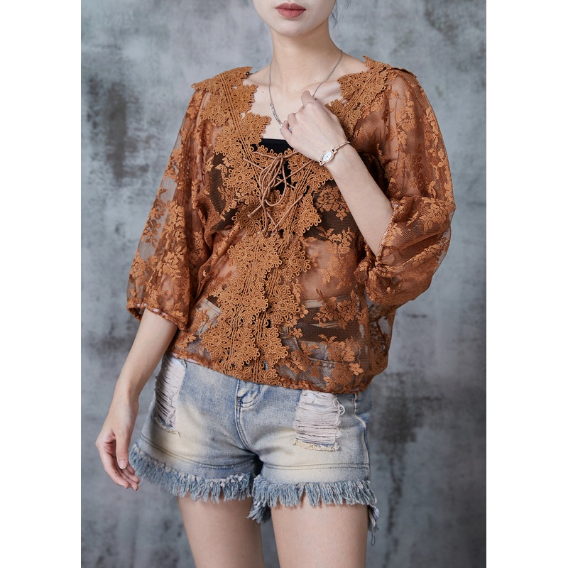 Caramel Hollow Out Lace Blouses Lace Up Summer
