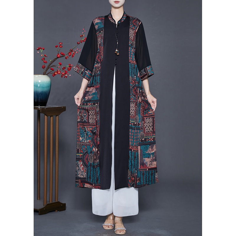 Fashion Black Mandarin Collar Patchwork Print Silk Cardigans Spring