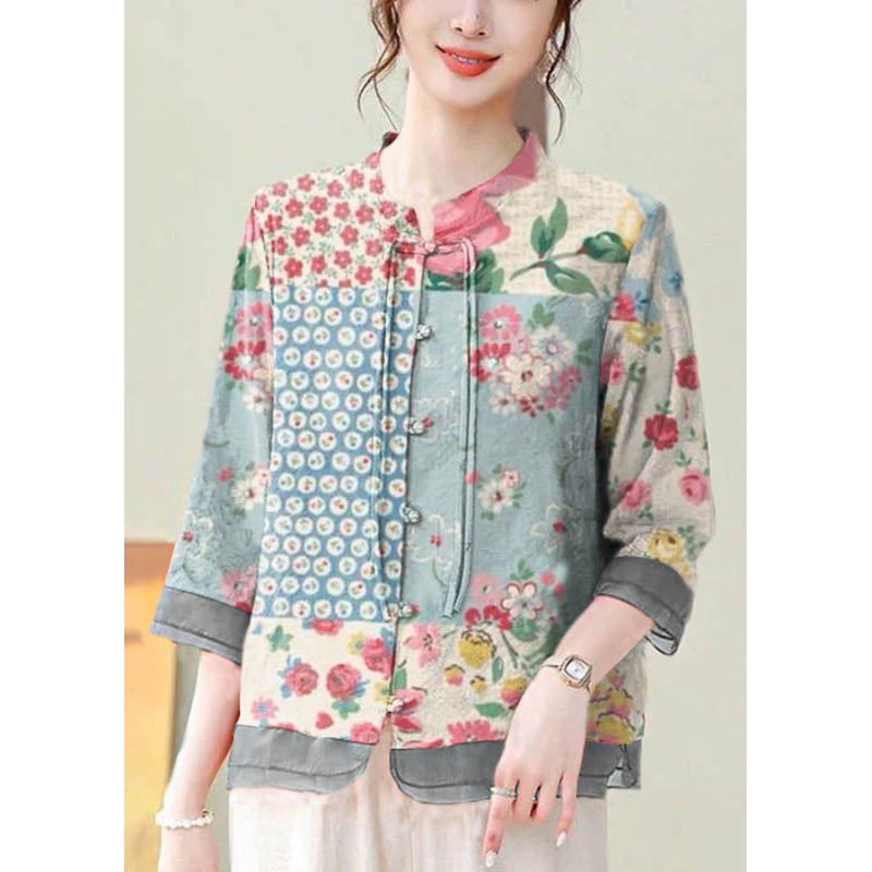 Loose Blue Flowers Button Print Cotton Shirt Bracelet Sleeve
