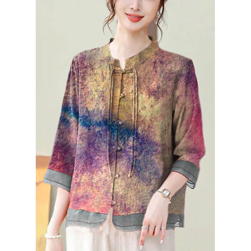 Loose Color Geometry Button Print Cotton Shirt Bracelet Sleeve