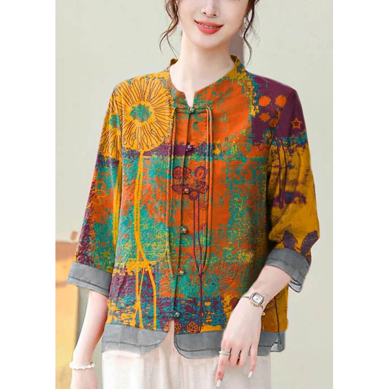 Loose Yellow texture Button Print Cotton Shirt Bracelet Sleeve