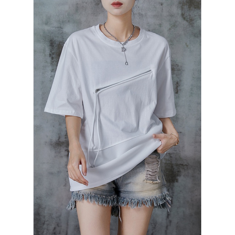 Stylish White Zip Up Patchwork Cotton Top Summer