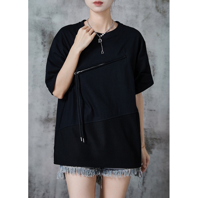 Unique Black Patchwork Cotton Tank Tops Zip Up Summer