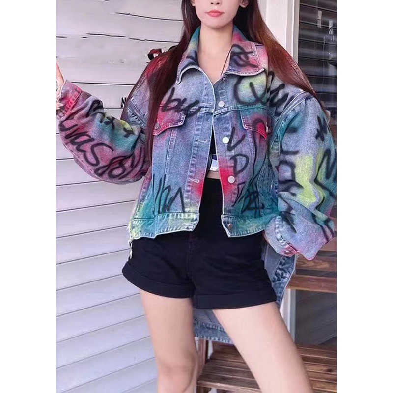 Unique Blue Peter Pan Collar Graphic Pockets Patchwork Denim Coats Spring