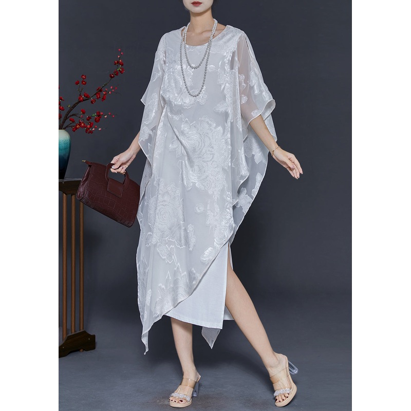 White Jacquard Silk Holiday Dress Asymmetrical Summer
