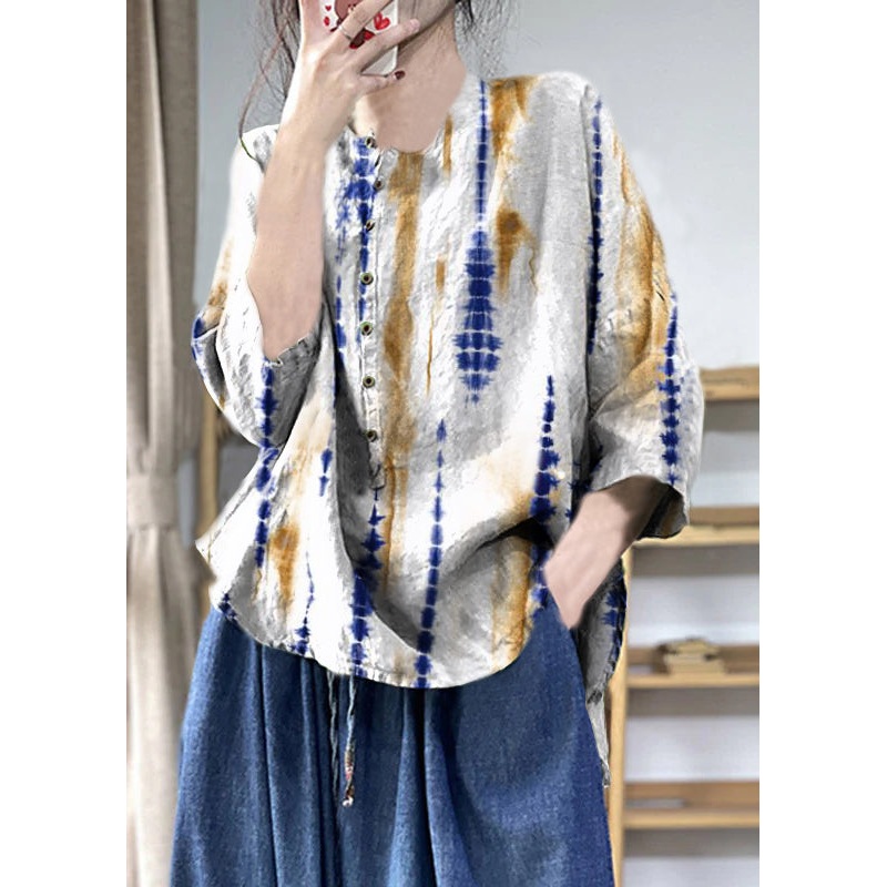 White rendering Button Side Open Linen Top Three Quarter Sleeve