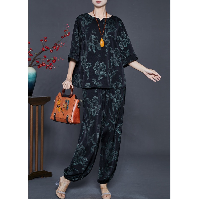 Women Black Oversized Lily Print Silk Two Pieces Set Summer