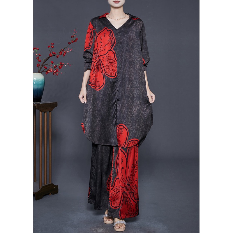 Women Black Oversized Print Silk Two Piece Set Outfits Spring