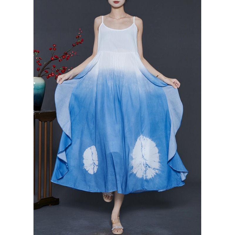 Women Gradient Blue Ruffled Cotton Cami Dress Summer