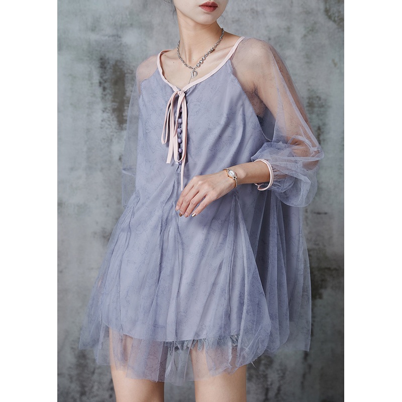 Women Grey Oversized Patchwork Tulle Top Summer