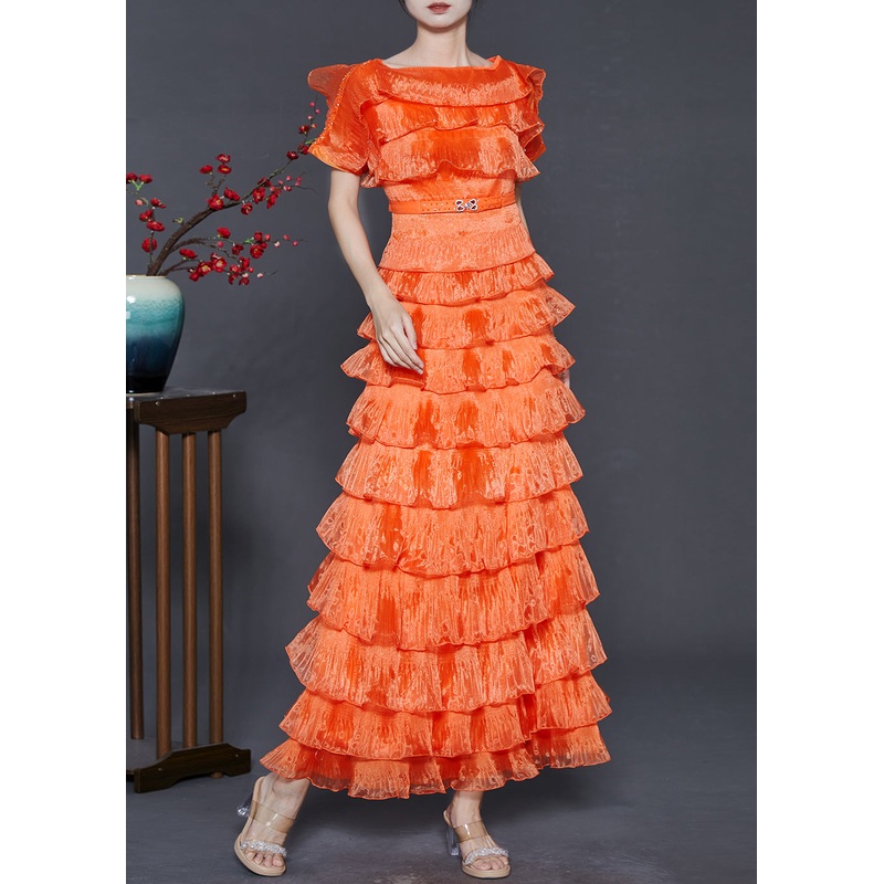 Women Orange Ruffled Patchwork Layered Organza Dresses Summer