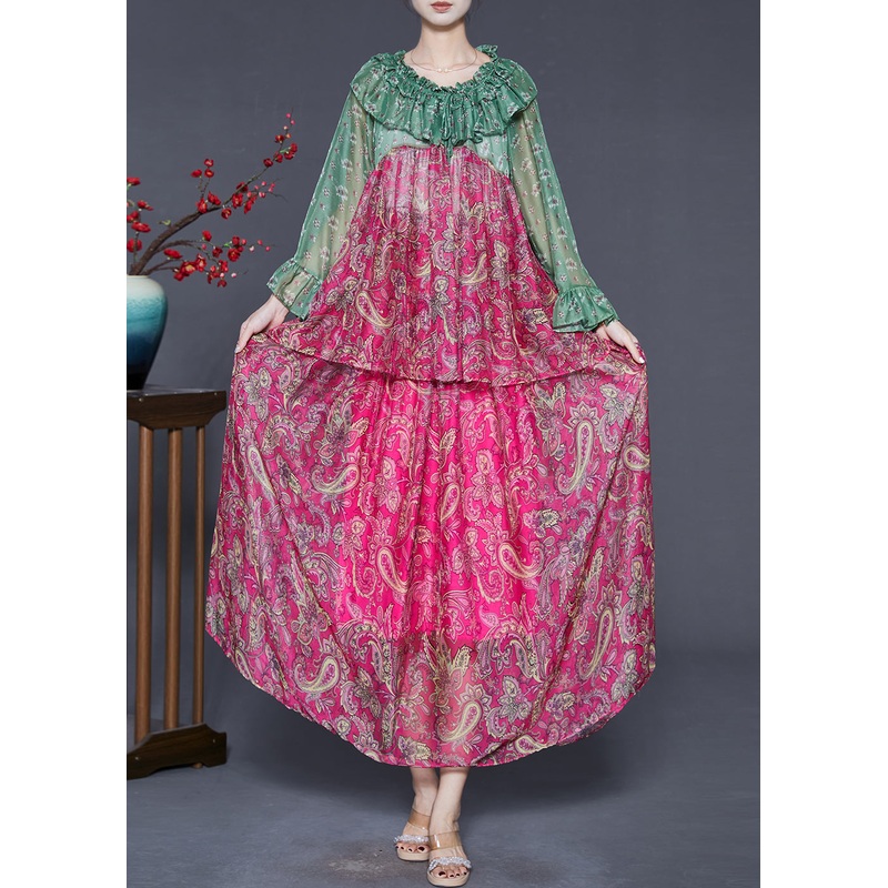 Women Rose Ruffled Patchwork Print Silk Two Pieces Set Spring