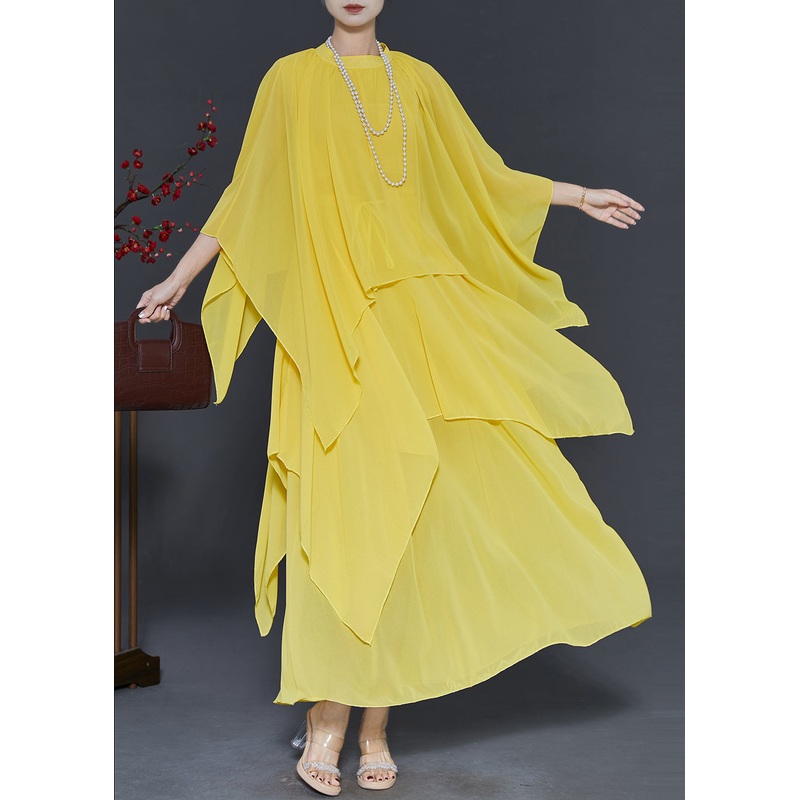 Yellow Draping Chiffon Two Pieces Set Asymmetrical Design Spring