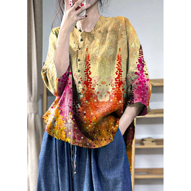 Yellow flowers Button Side Open Linen Top Three Quarter Sleeve