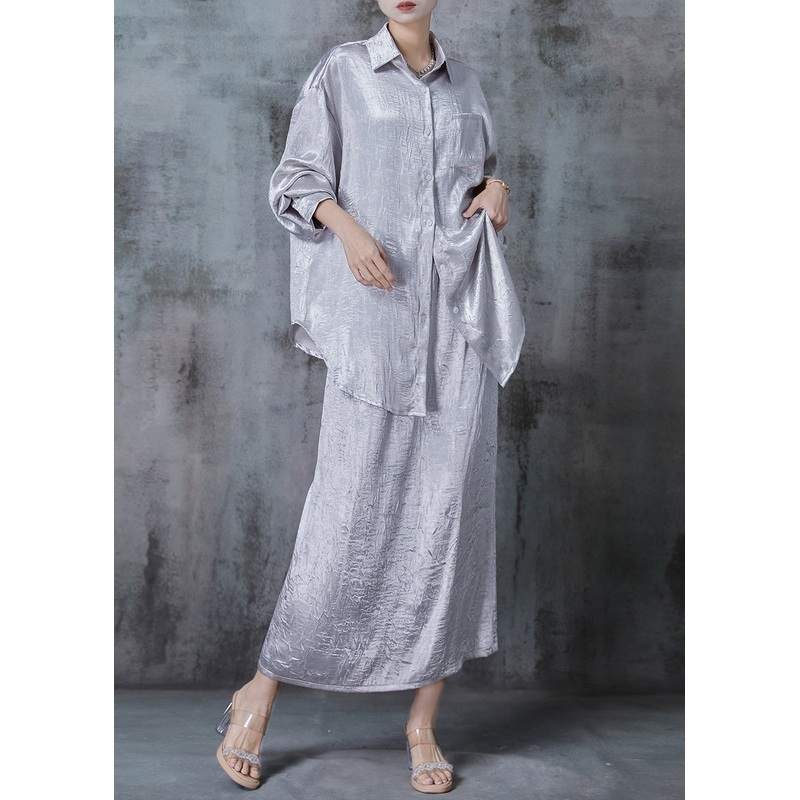 Art Light Grey Oversized Wrinkled Silk Two Pieces Set Spring