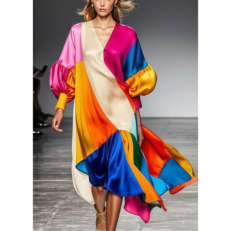Art Multicolor Oversized Patchwork Silk Robe Dresses Lantern Sleeve
