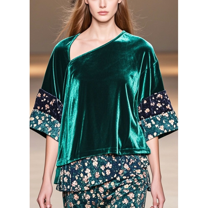 Art Peacock Green Asymmetrical Patchwork Print Silk Velour Shirt Top Spring