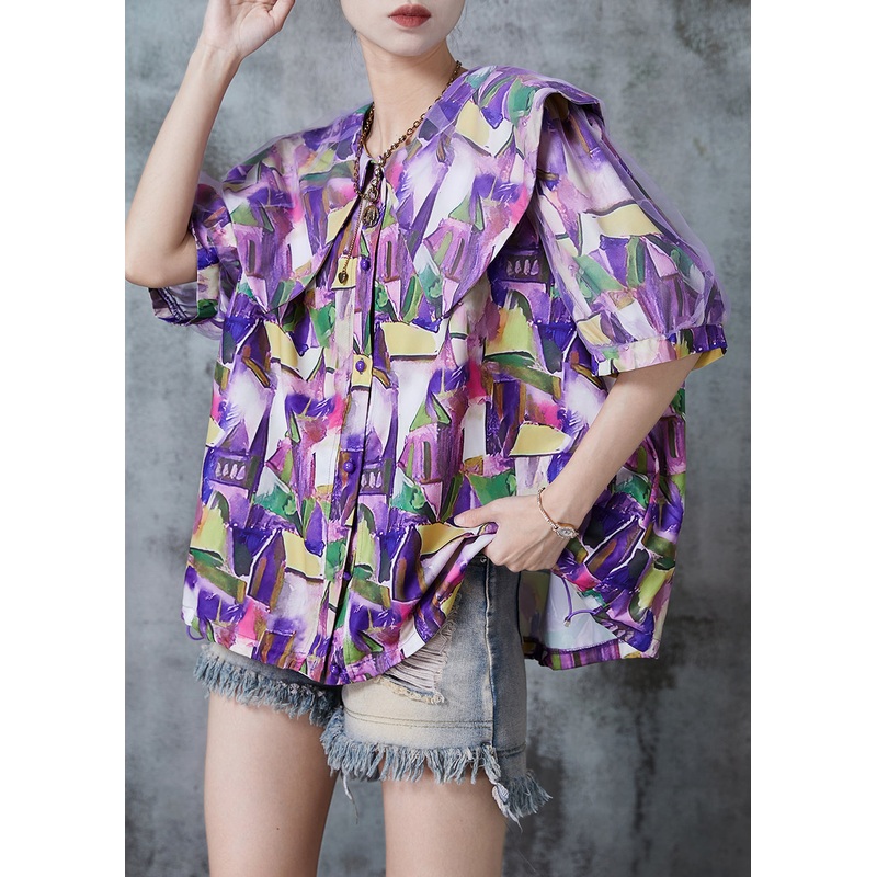 Art Purple Peter Pan Collar Graffiti Print Cotton Blouse Tops Summer