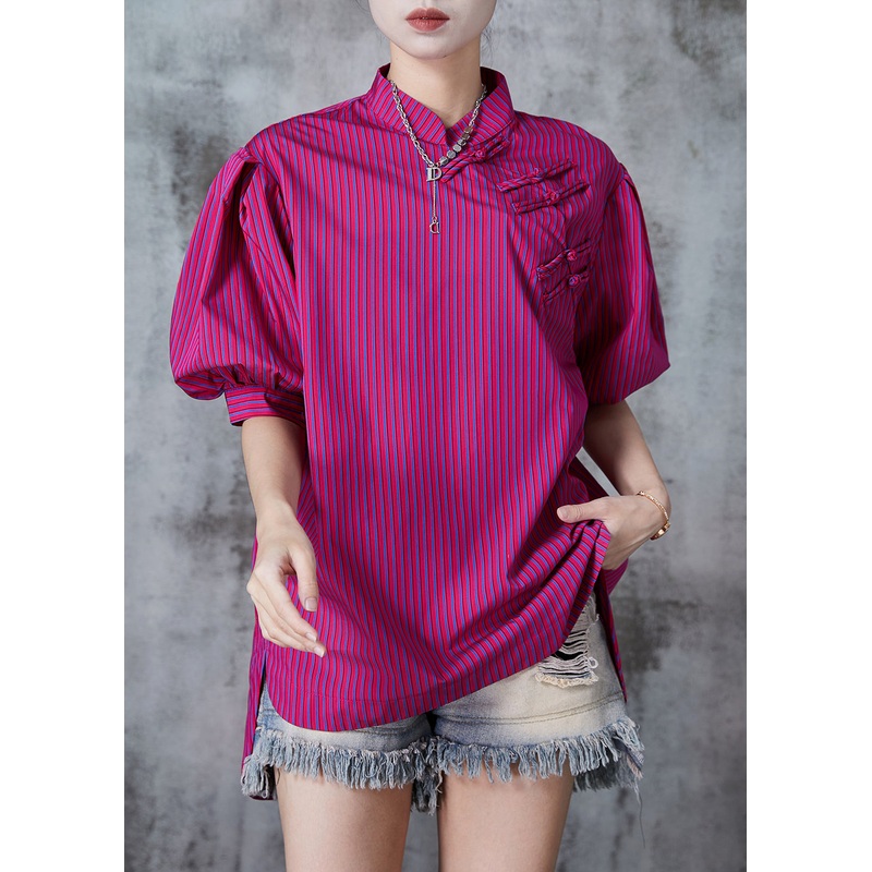 Art Rose Striped Chinese Button Cotton Blouses Puff Sleeve