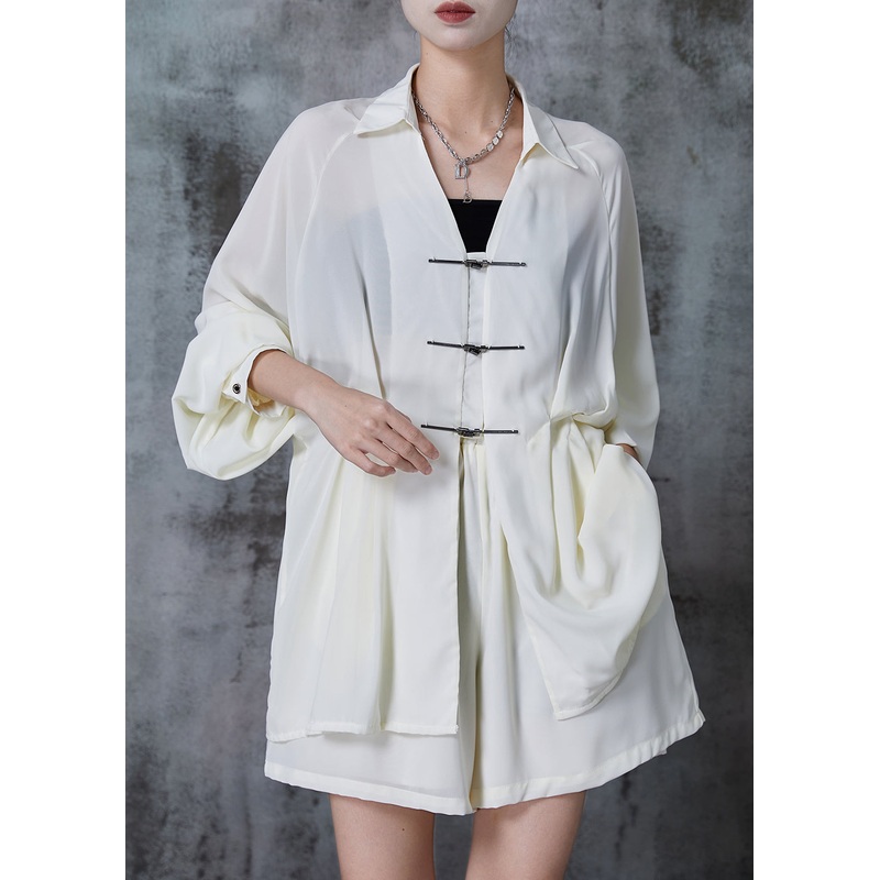 Art White V Neck Silm Fit Chiffon Two Piece Set Spring