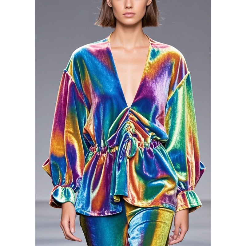 Beautiful Rainbow Cinched Silk Velour Shirt Spring