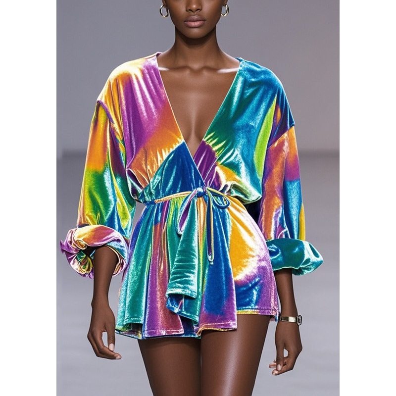Beautiful Rainbow Tie Waist Tie Dye Silk Velour Shirt Spring