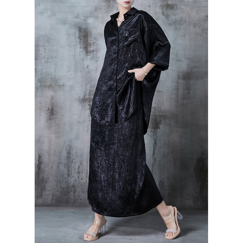 Black Silk Women Sets 2 Pieces Oversized Wrinkled Spring