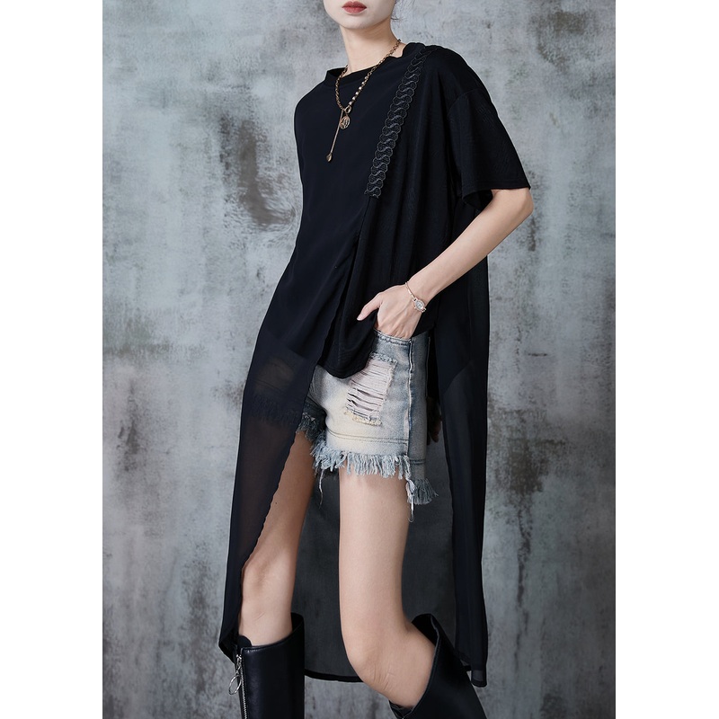 Bohemian Black Asymmetrical Design Chiffon Long Tops Summer