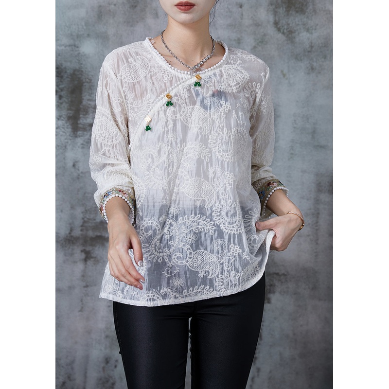 Boutique White Embroidered Nail Bead Oriental Shirt Tops Spring