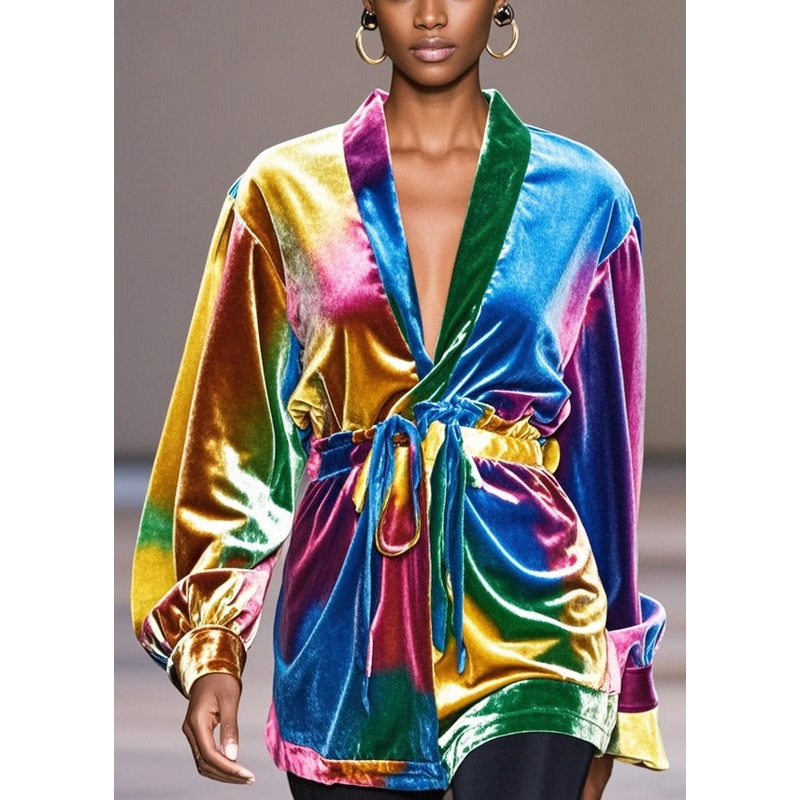 Casual Gradient Color Cinched Silk Velour Blouse Tops Spring