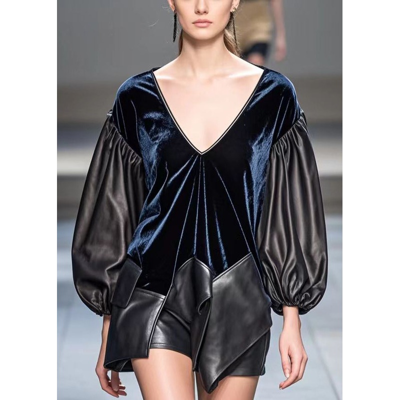 Chic Dark Blue Asymmetrical Patchwork Faux Leather Silk Velour Tops Spring