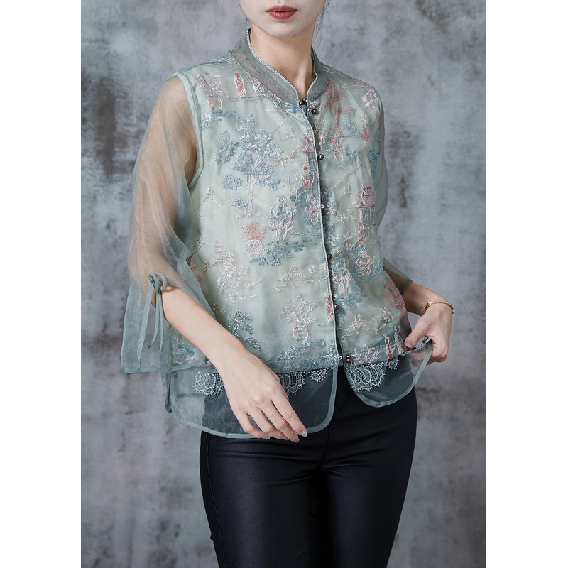 Chic Green Mandarin Collar Embroidered Tulle Shirt Tops Summer