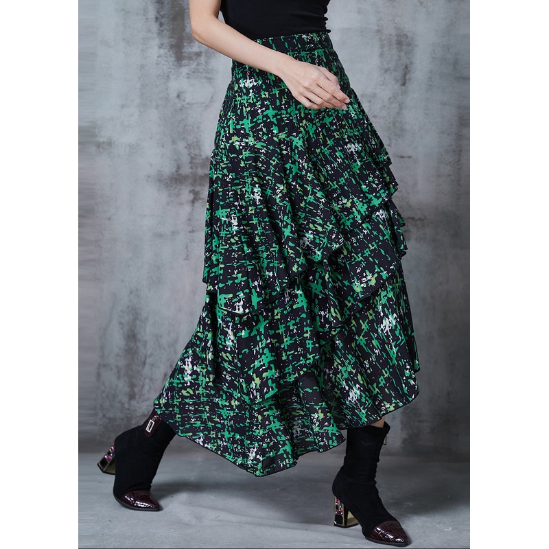 Classy Green Asymmetrical Print Chiffon Skirt Spring
