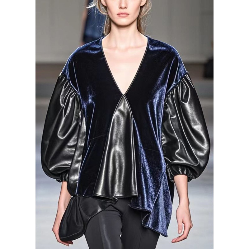 Stylish Black Asymmetrical Patchwork Faux Leather Shirts Spring