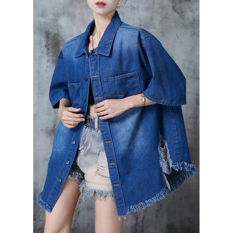 Stylish Blue Tasseled Oversized Denim Ripped Blouse Tops Summer