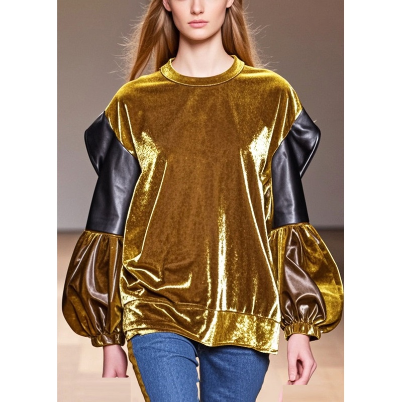 Stylish Golden Patchwork Silk Velour Blouses Lantern Sleeve
