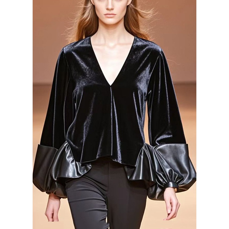 Unique Black V Neck Patchwork PU Silk Velour Tops Lantern Sleeve