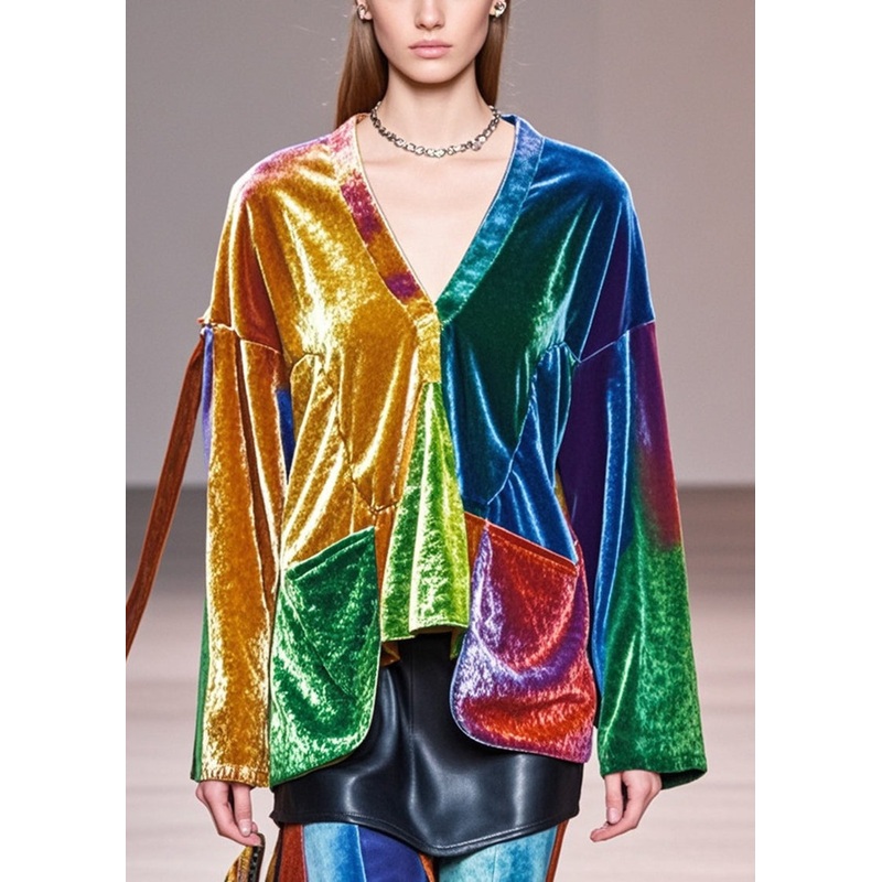 Unique Colorblock V Neck Patchwork Silk Velour Top Spring