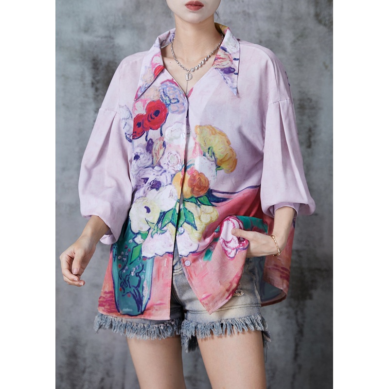 Unique Light Purple Backless Print Chiffon Shirt Spring
