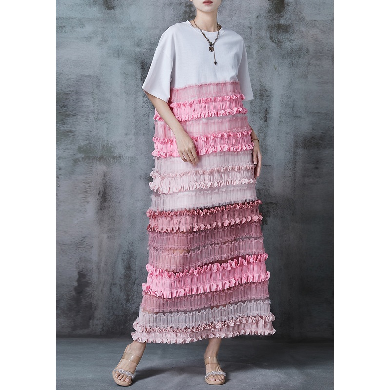 White Patchwork Cotton Maxi Dresses Layered Ruffled Summer