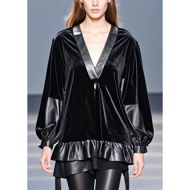 Women Black Oversized Patchwork Silk Velour Top Spring